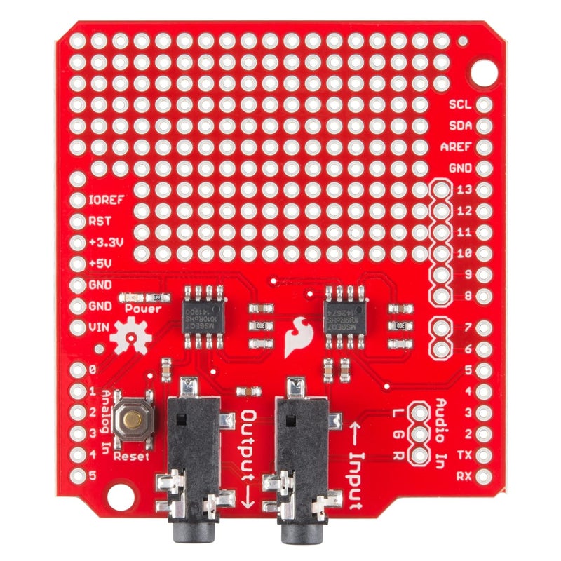 Spark Fun Spectrum Shield MSGEQ7 Graphic Equalizer Display Filter populated with Two 1/8" Stereo Jacks, Split Stereo Audio Input into 7 Bands per Channel - Image 1